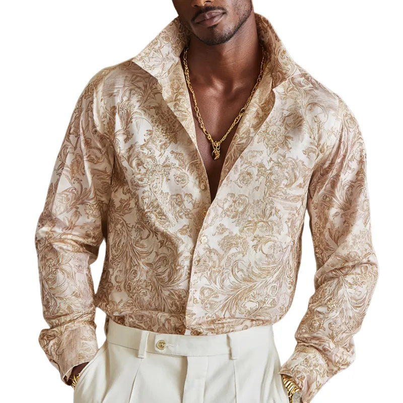 Men's Vintage Print Satin Lapel Long Sleeve Shirt MTA1133H3Z sold by Manly