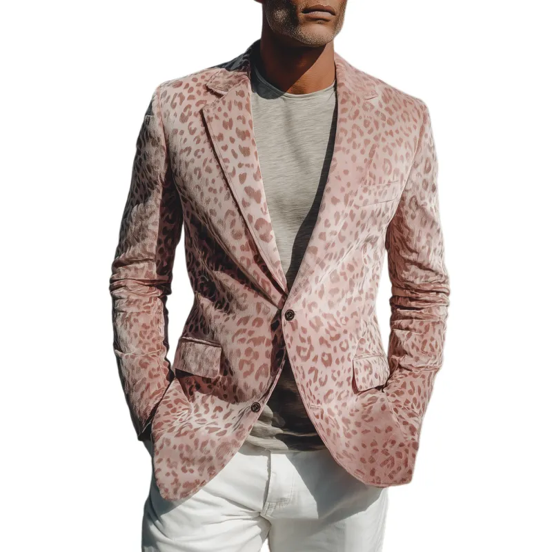 Men's Stylish Casual Pink Leopard Suede Single-breasted Slim-fit Blazer MTA1316H1K sold by Manly