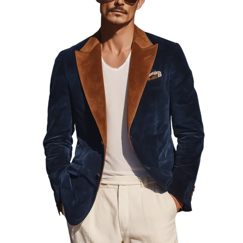 Men's Classic Retro Party-going Contrast Color Stitching Suede Single-breasted Blazer MTA1331H9K sold by Manly