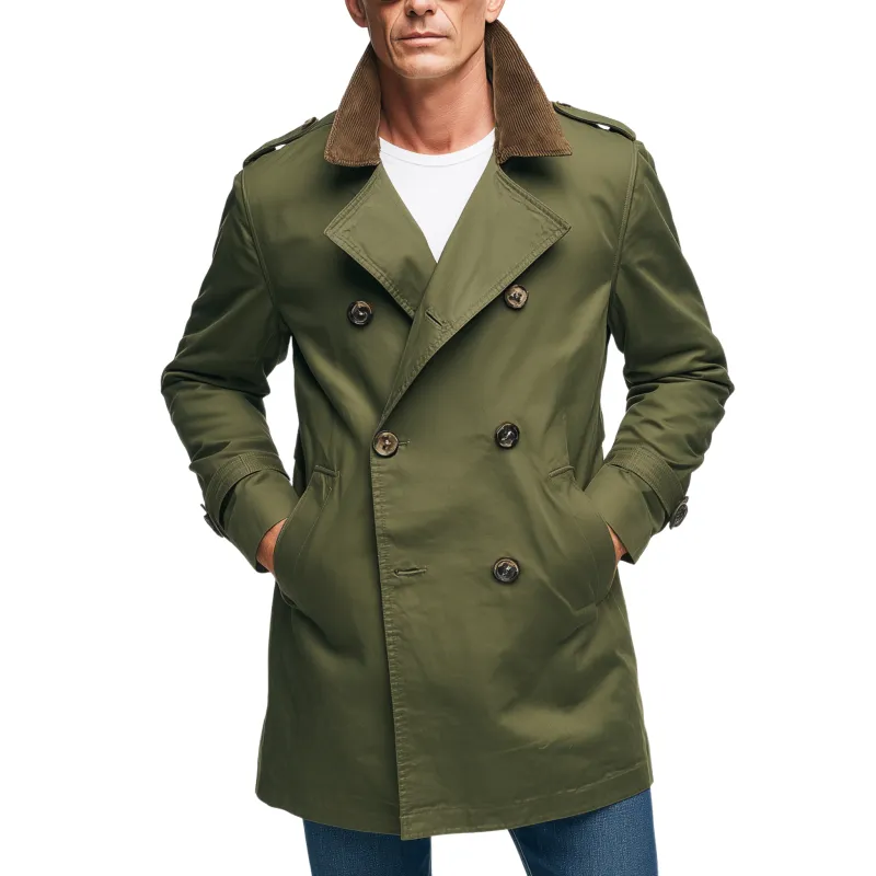 Men's Classic Casual Corduroy Lapel Double-breasted Twill Cotton Thigh-length Trench Coat MTA1397H9K sold by Manly