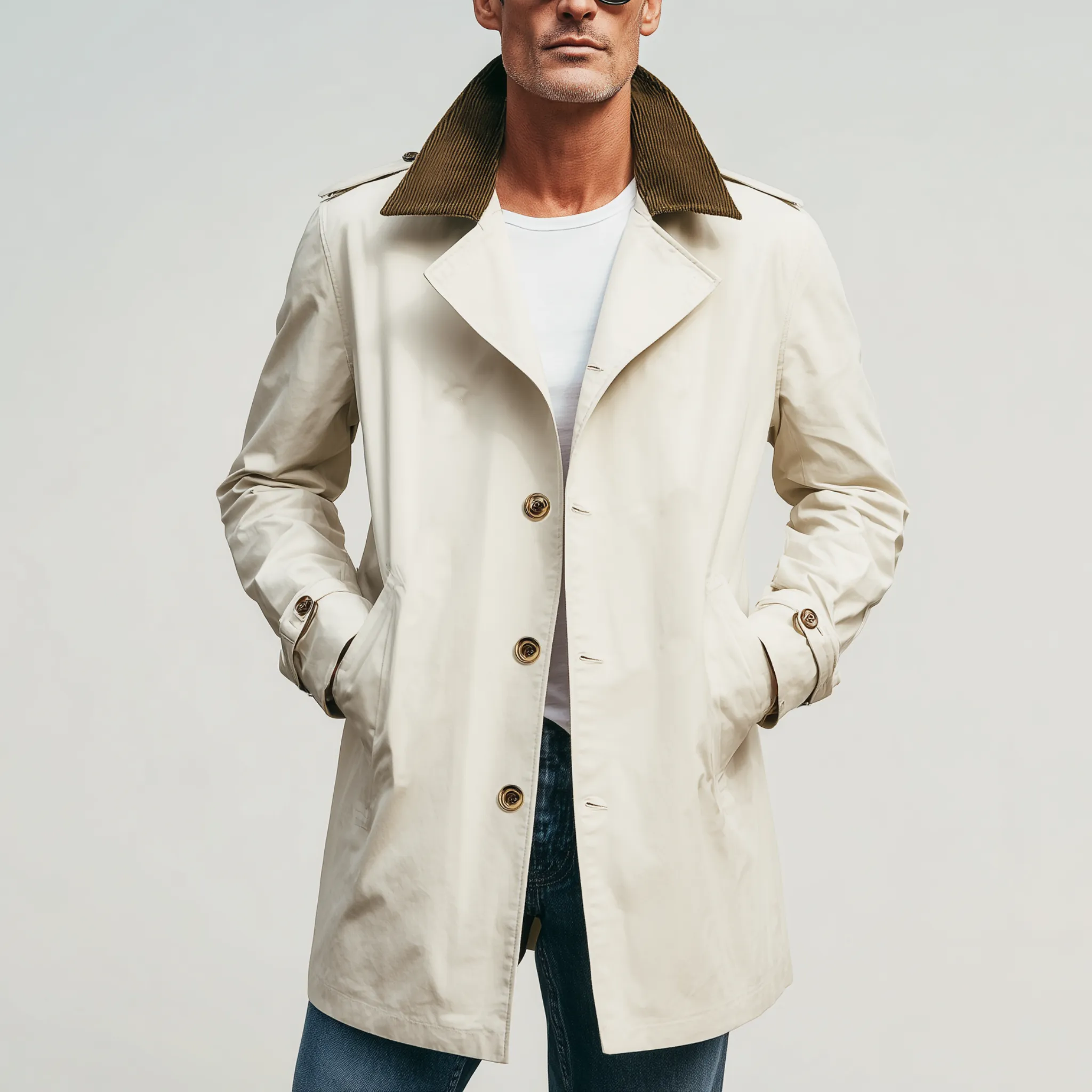 Men's Classic Casual Corduroy Lapel Single-breasted Twill Cotton Thigh-length Trench Coat MTA1346H1K sold by Manly product image thumbnail 2