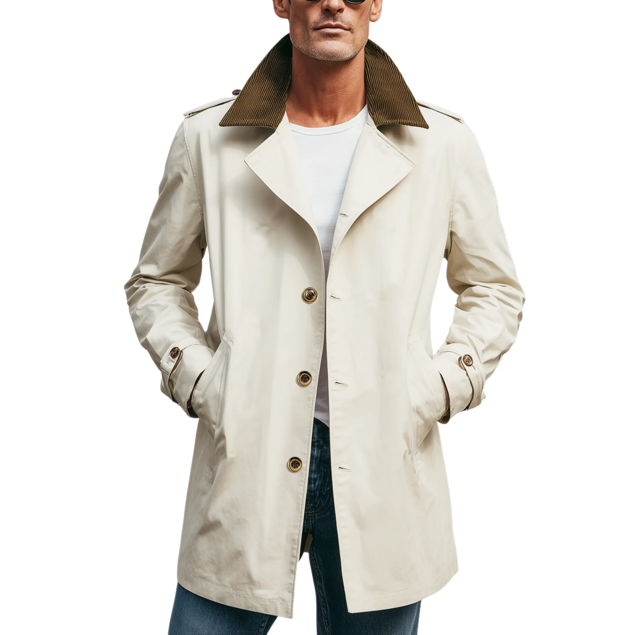 Men's Classic Casual Corduroy Lapel Single-breasted Twill Cotton Thigh-length Trench Coat MTA1346H1K sold by Manly