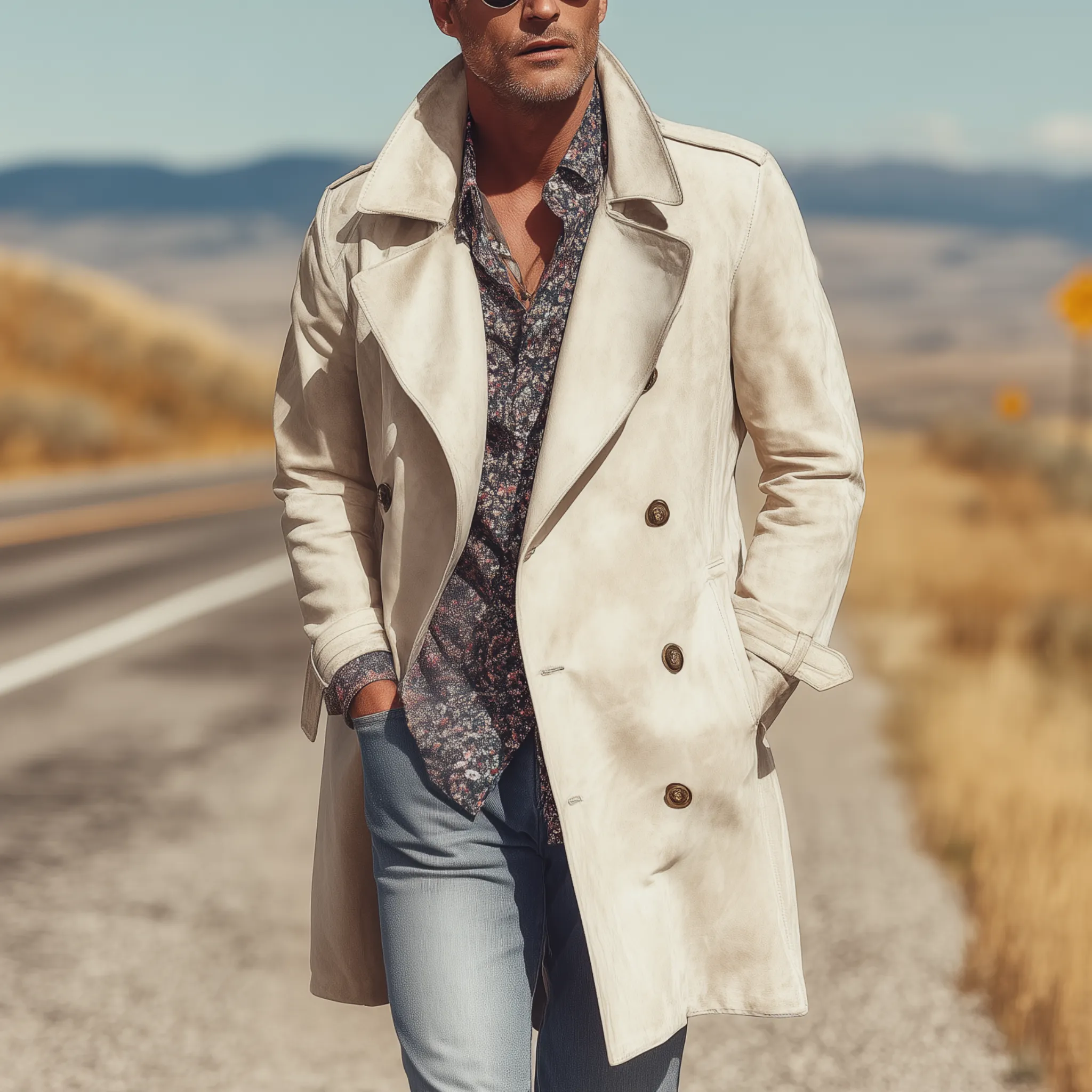 Men's Classic Retro Western Style Double Breasted Lapel Suede Thigh Length Trench Coat MTA1379H5K sold by Manly product image thumbnail 2