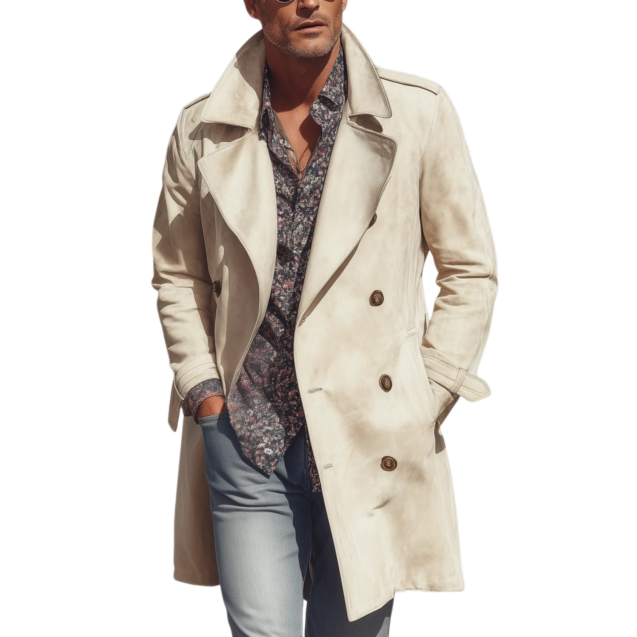 Men's Classic Retro Western Style Double Breasted Lapel Suede Thigh Length Trench Coat MTA1379H5K sold by Manly
