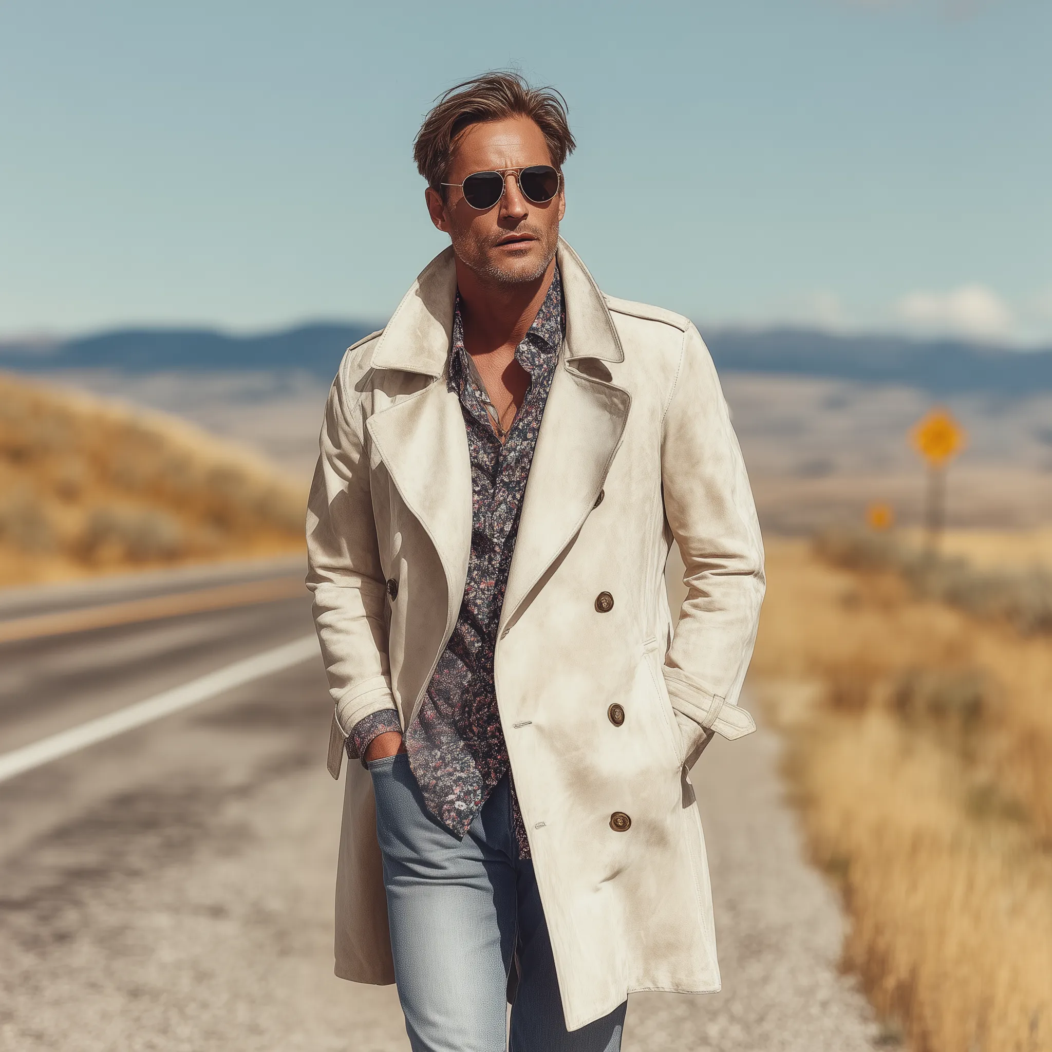 Men's Classic Retro Western Style Double Breasted Lapel Suede Thigh Length Trench Coat MTA1379H5K sold by Manly product image thumbnail 3