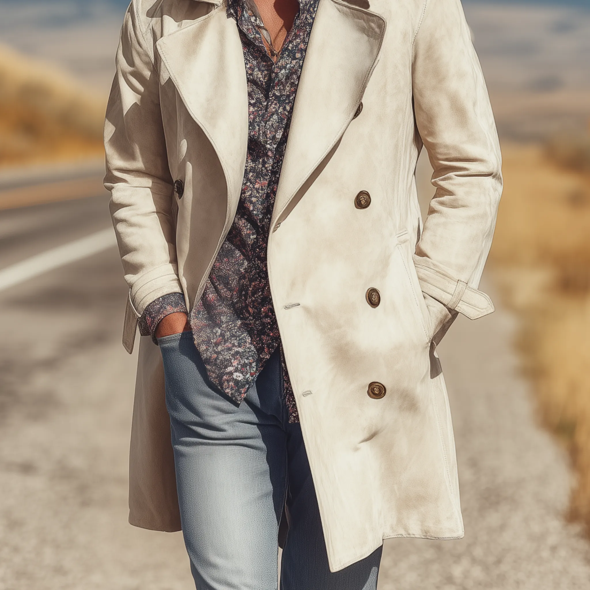 Men's Classic Retro Western Style Double Breasted Lapel Suede Thigh Length Trench Coat MTA1379H5K sold by Manly product image thumbnail 5