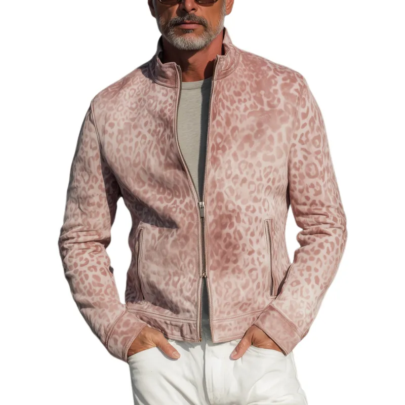 Men's Fashion Casual Pink Leopard Print Suede Stand Collar Zipper Jacket MTA1314H0K sold by Manly