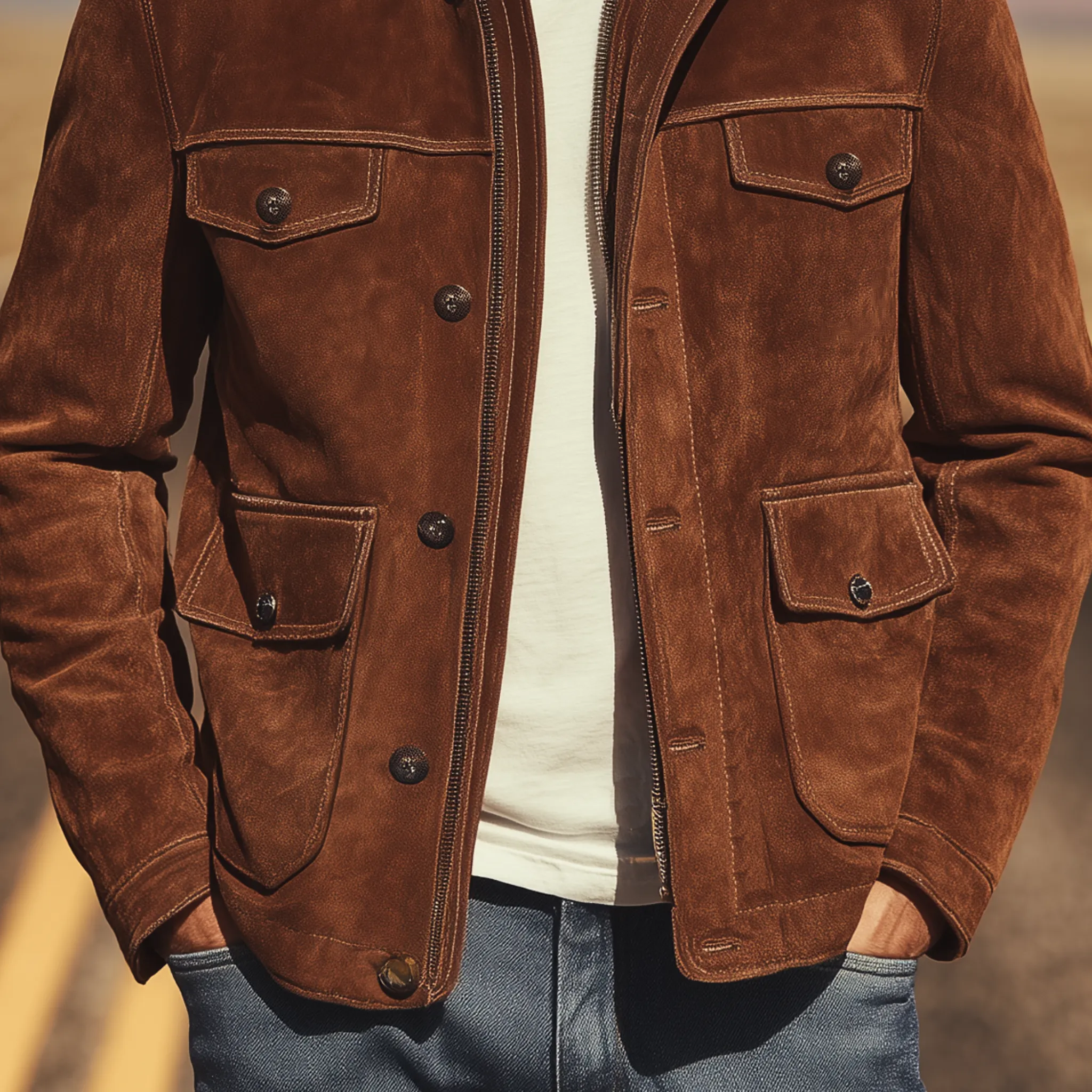Men's Classic Casual Western Style Pu Leather Collar Multi-pocket Suede Jacket MTA1190H7K sold by Manly product image thumbnail 4