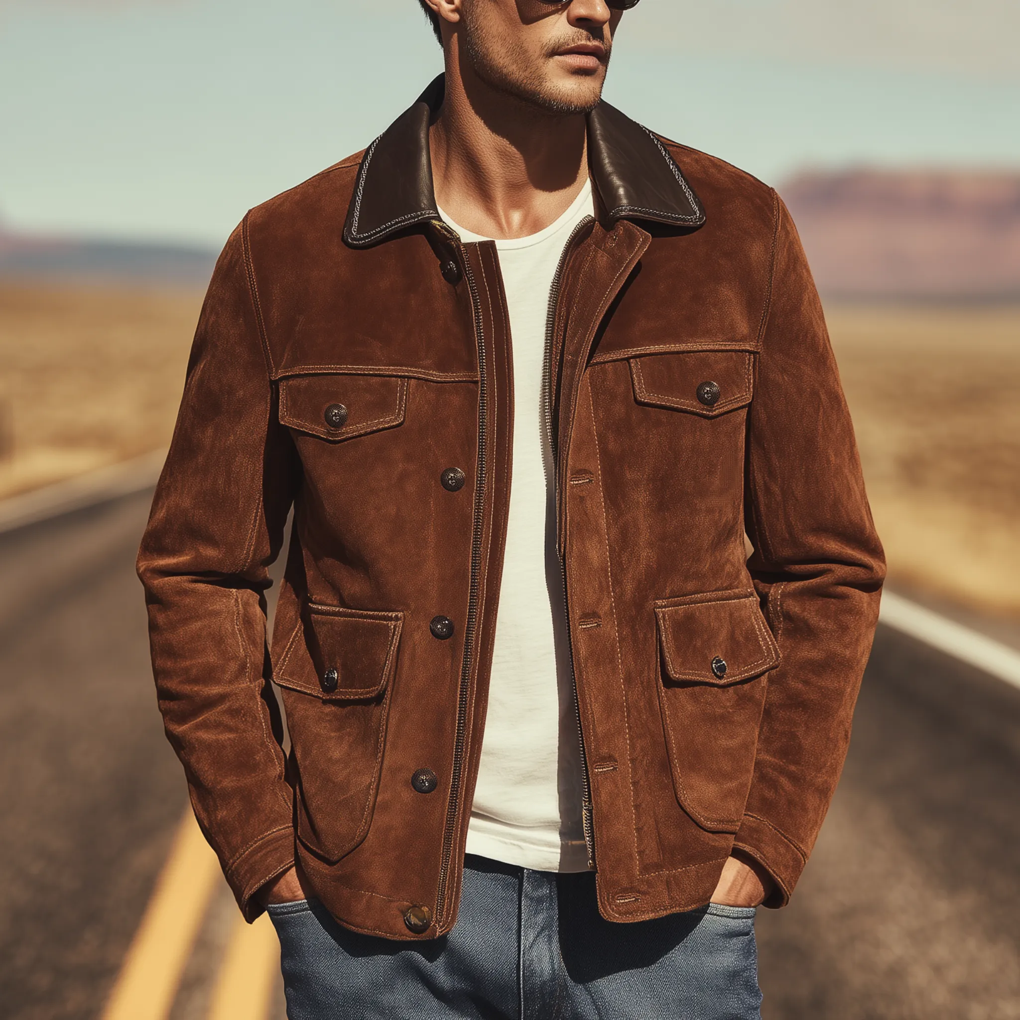 Men's Classic Casual Western Style Pu Leather Collar Multi-pocket Suede Jacket MTA1190H7K sold by Manly product image thumbnail 2