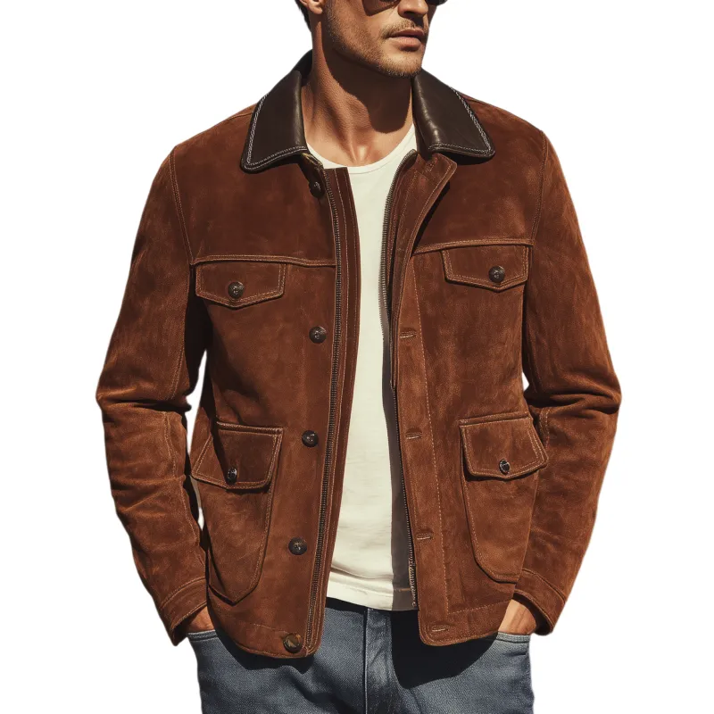 Men's Classic Casual Western Style Pu Leather Collar Multi-pocket Suede Jacket MTA1190H7K sold by Manly