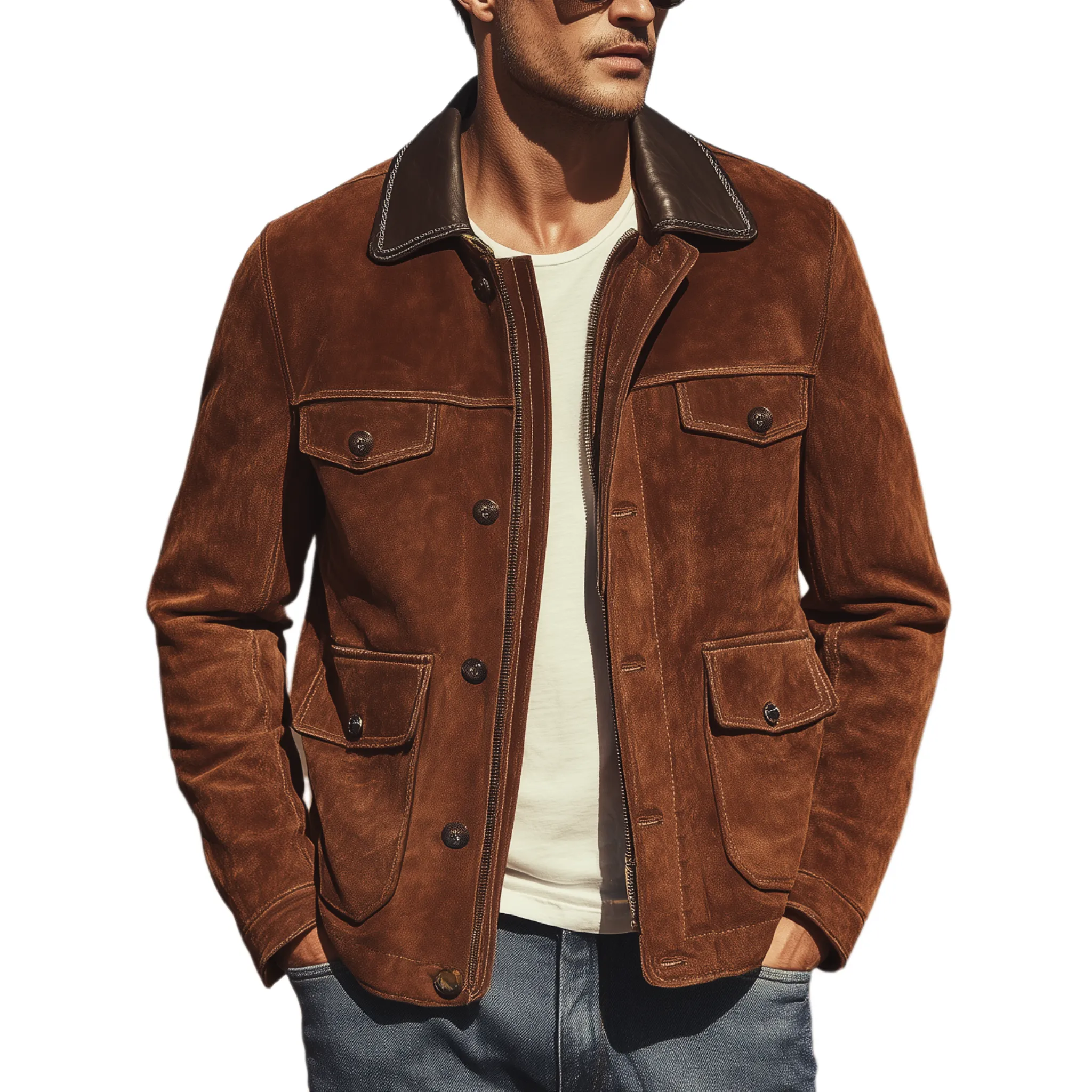 Men's Classic Casual Western Style Pu Leather Collar Multi-pocket Suede Jacket MTA1190H7K sold by Manly