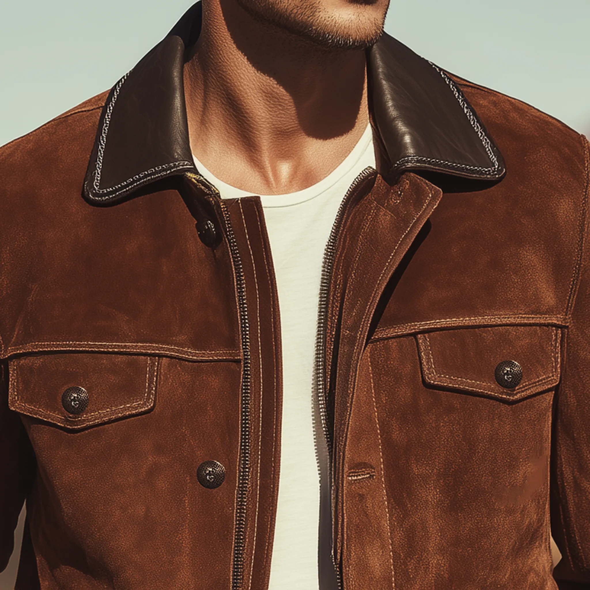 Men's Classic Casual Western Style Pu Leather Collar Multi-pocket Suede Jacket MTA1190H7K sold by Manly product image thumbnail 5