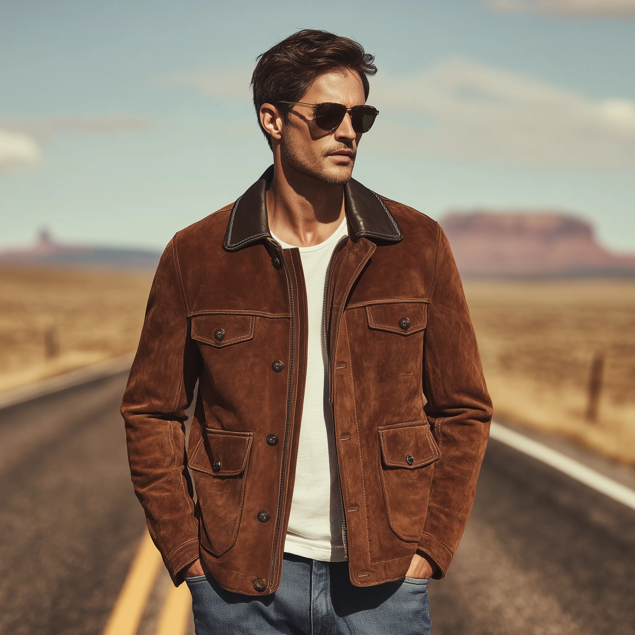 Men's Classic Casual Western Style Pu Leather Collar Multi-pocket Suede Jacket MTA1190H7K sold by Manly product image thumbnail 3