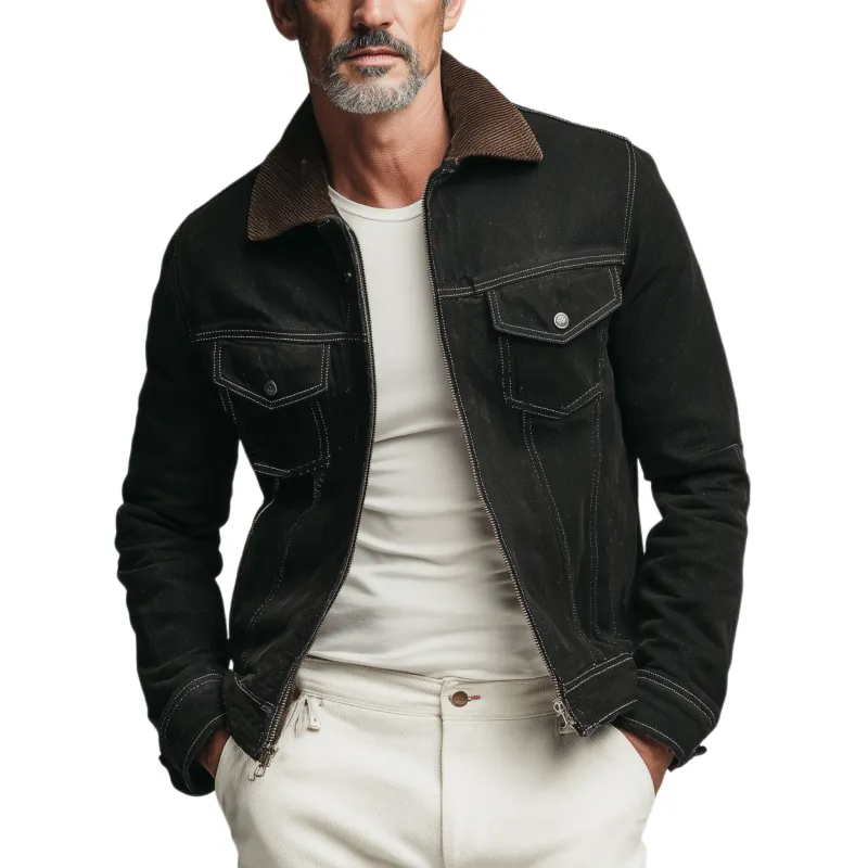 Men's Classic Casual Corduroy Collar Zip-up Cotton Twill Slim-fit Jacket MTA0704H2K sold by Manly