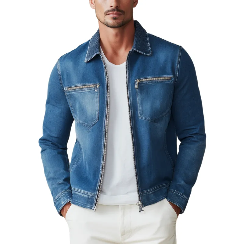 Men's Classic Casual Corduroy Collar Zipper Washed Denim Slim Fit Jacket MTA0772H5K sold by Manly