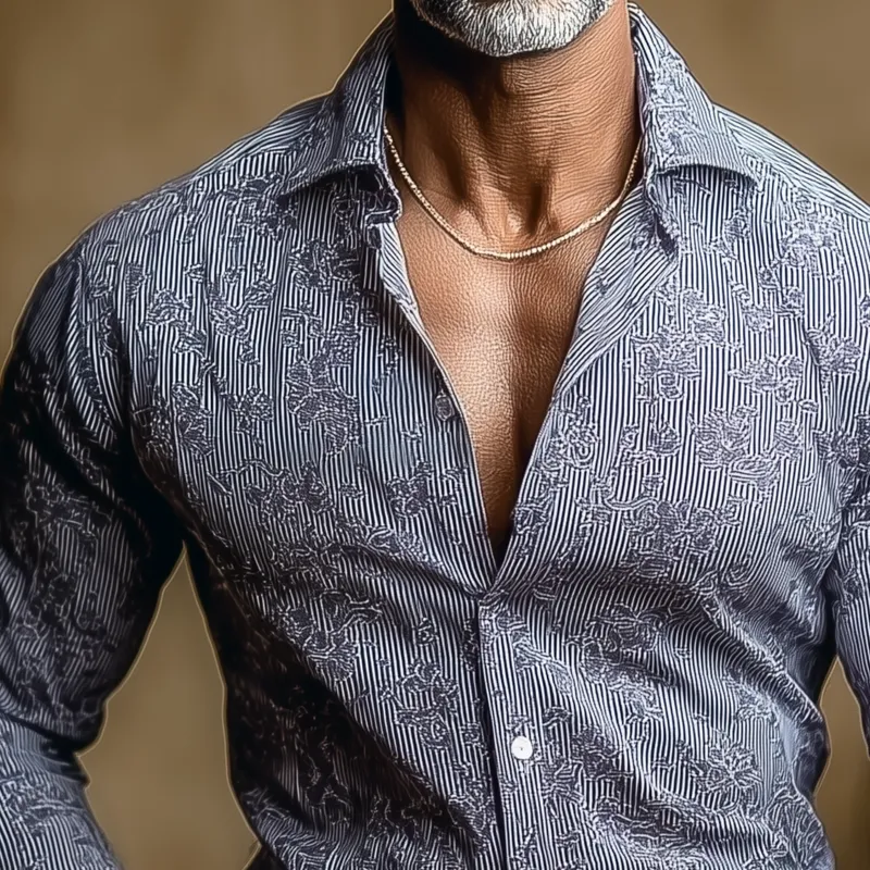 Men's Floral Striped Lapel Long Sleeve Shirt MTA1354H6Z sold by Manly product image thumbnail 3