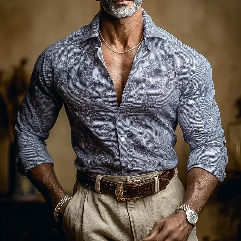 Men's Floral Striped Lapel Long Sleeve Shirt MTA1354H6Z sold by Manly product image thumbnail 2