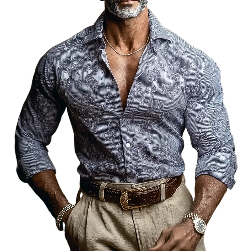 Men's Floral Striped Lapel Long Sleeve Shirt MTA1354H6Z sold by Manly