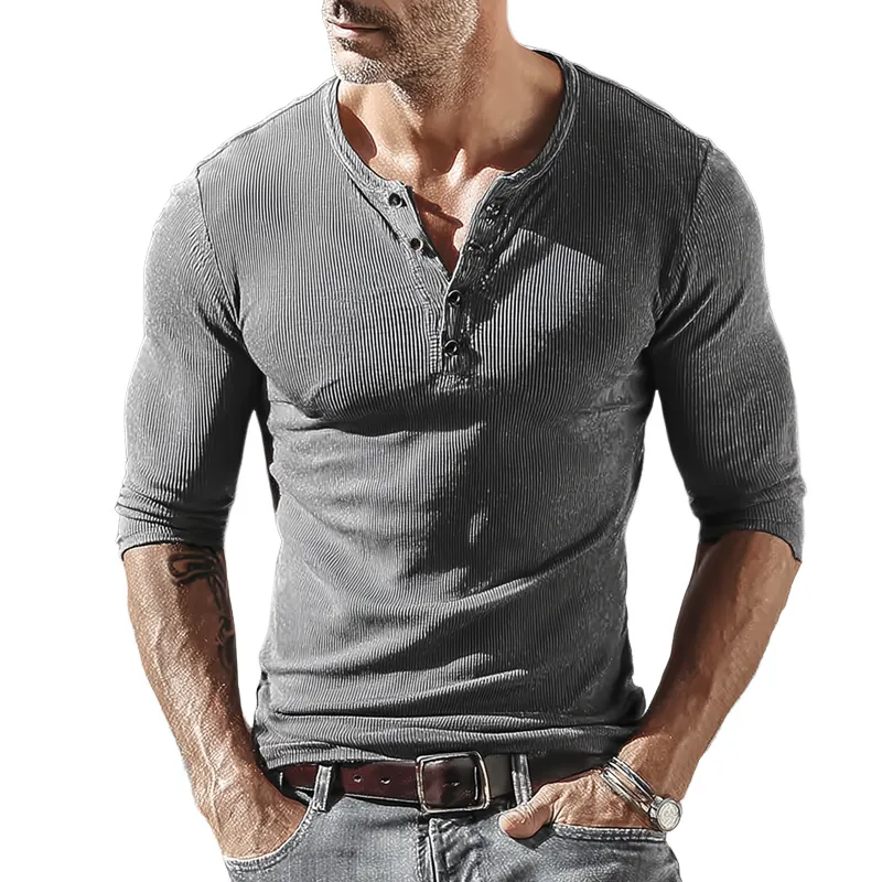 Men's Solid Striped Henley Collar Long Sleeve T-Shirt MTA1368H4Z sold by Manly