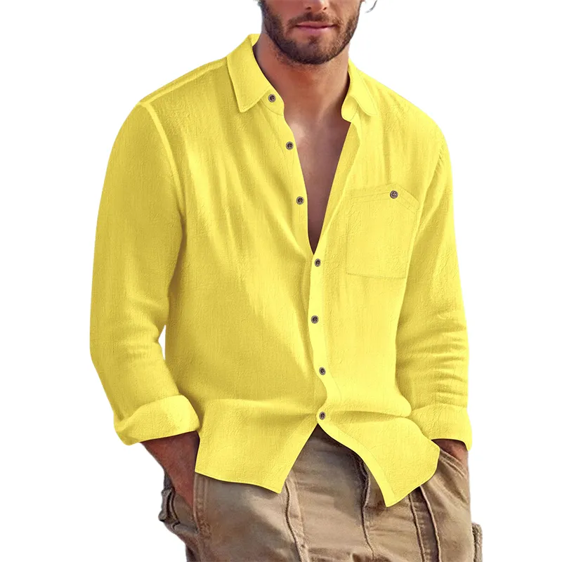 Men's Casual Solid Color Cotton And Linen Long-sleeved Lapel Shirt MTA1391H5X sold by Manly