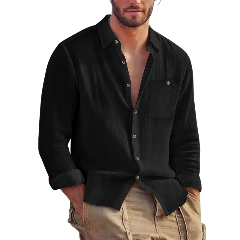 Men's Casual Solid Color Cotton And Linen Long-sleeved Lapel Shirt MTA1391H5X sold by Manly product image thumbnail 5