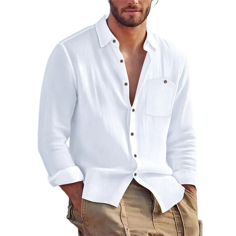 Men's Casual Solid Color Cotton And Linen Long-sleeved Lapel Shirt MTA1391H5X sold by Manly product image thumbnail 4