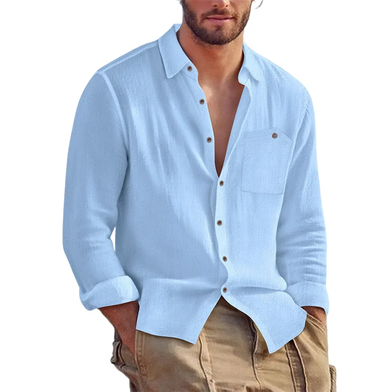 Men's Casual Solid Color Cotton And Linen Long-sleeved Lapel Shirt MTA1391H5X sold by Manly product image thumbnail 3
