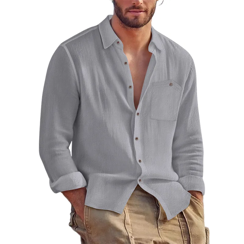 Men's Casual Solid Color Cotton And Linen Long-sleeved Lapel Shirt MTA1391H5X sold by Manly product image thumbnail 2