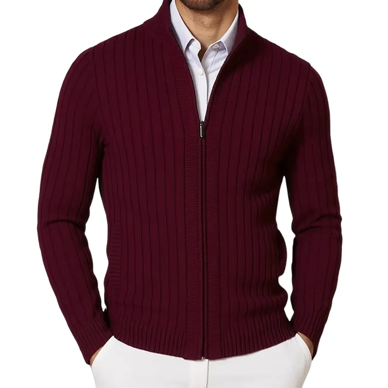 Men's Stand Collar Solid Color Striped Knit Zipper Cardigan MTA1352H6X sold by Manly product image thumbnail 5