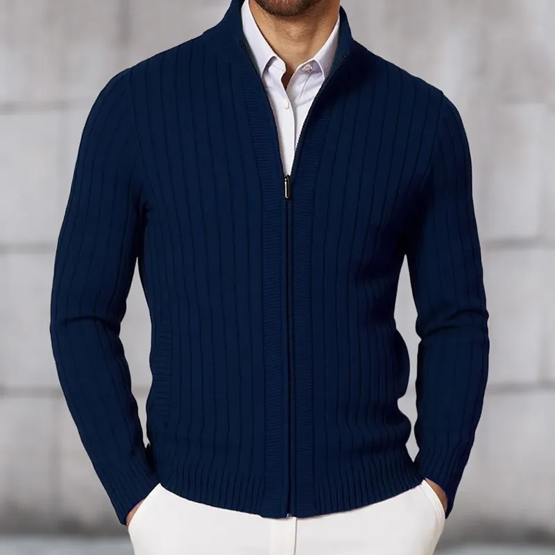 Men's Stand Collar Solid Color Striped Knit Zipper Cardigan MTA1352H6X sold by Manly product image thumbnail 4