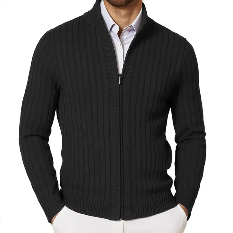 Men's Stand Collar Solid Color Striped Knit Zipper Cardigan MTA1352H6X sold by Manly