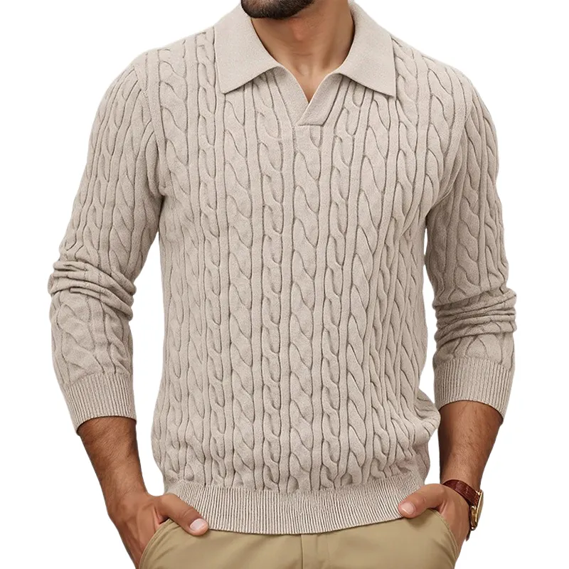 Men's Solid Color Slim-Fit Cable Textured POLO Neck Sweater MTA1373H6X sold by Manly