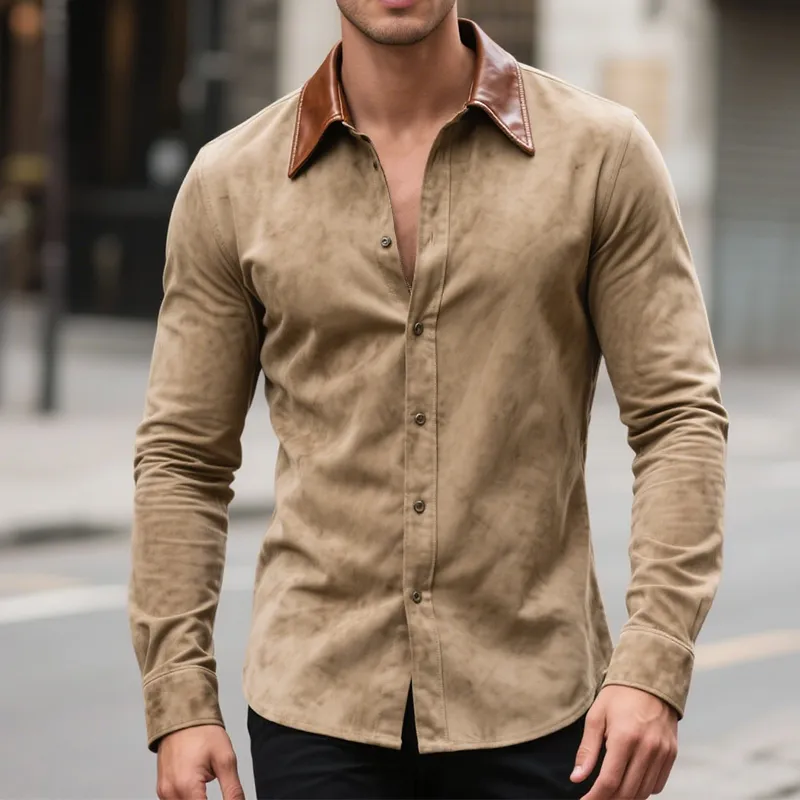 Men's Retro Casual Leather And Suede Lapel Long Sleeve Shirt MTA0874H2TO sold by Manly product image thumbnail 2
