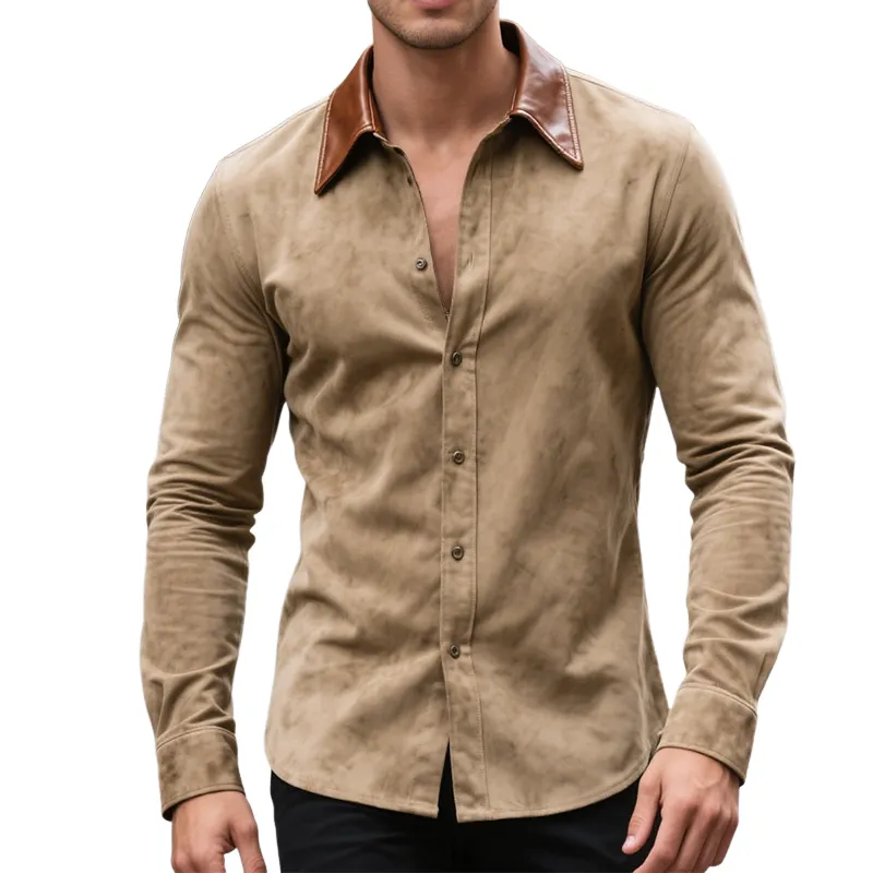Men's Retro Casual Leather And Suede Lapel Long Sleeve Shirt MTA0874H2TO sold by Manly