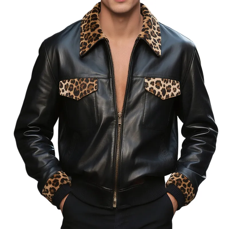 Men's Retro Casual Leather Stitching Leopard Zipper Jacket MTA0858H4TO sold by Manly
