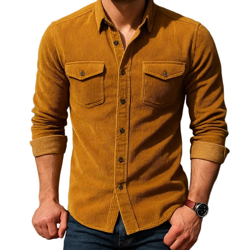 Men's Retro Casual Solid Color Corduroy Lapel Long Sleeve Shirt MTA0868H6TO sold by Manly