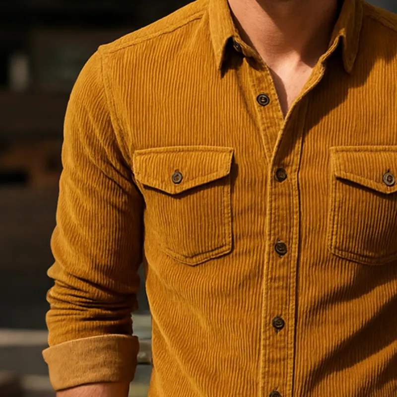 Men's Retro Casual Solid Color Corduroy Lapel Long Sleeve Shirt MTA0868H6TO sold by Manly product image thumbnail 3