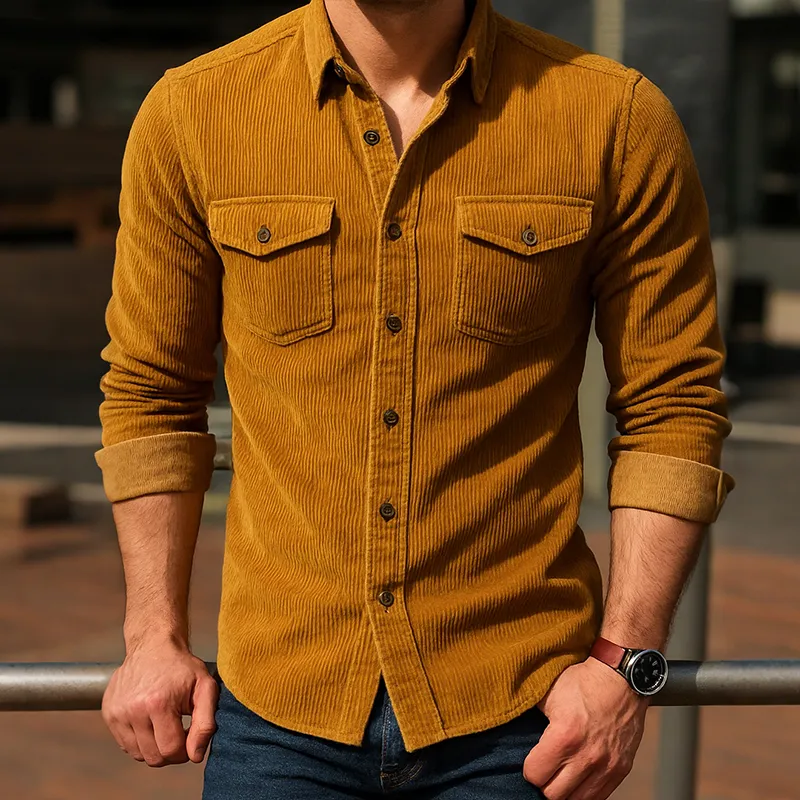 Men's Retro Casual Solid Color Corduroy Lapel Long Sleeve Shirt MTA0868H6TO sold by Manly product image thumbnail 2
