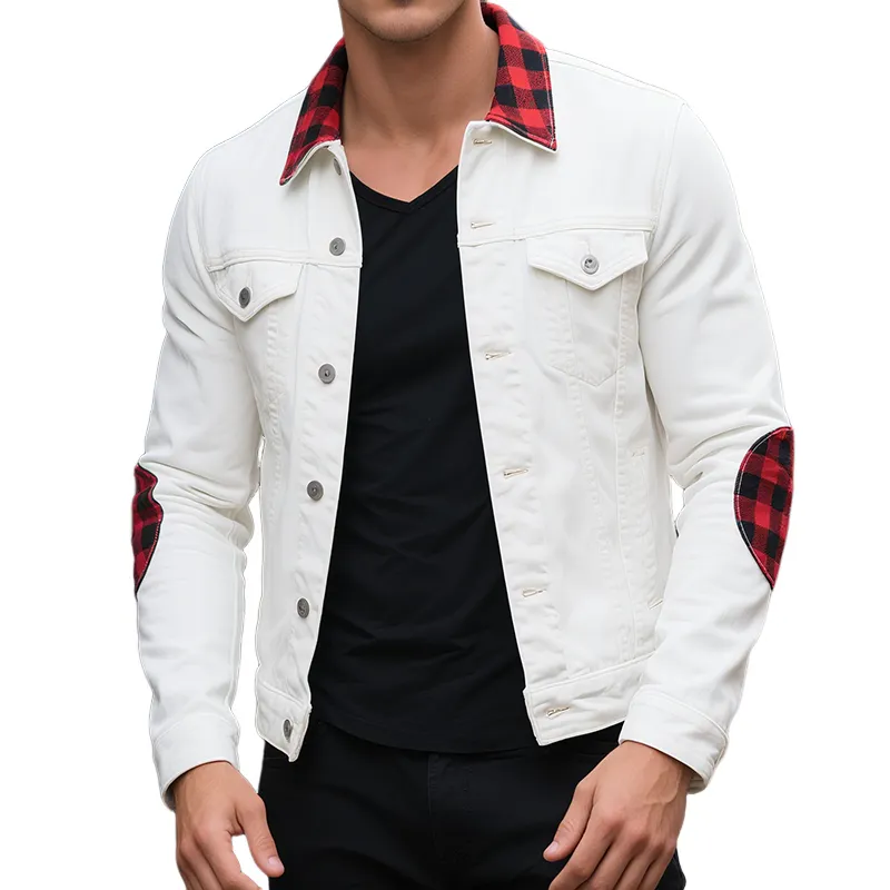 Men's Retro Casual Cotton Plaid Splicing Cropped Jacket MTA1156H0TO sold by Manly