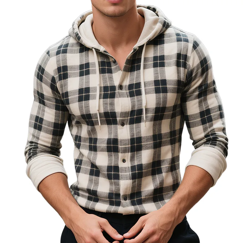 Men's Retro Casual Plaid Print Hooded Long Sleeve Shirt MTA1118H9TO sold by Manly