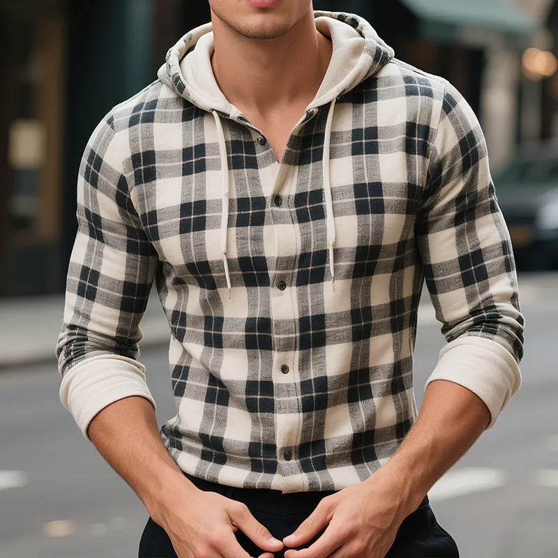 Men's Retro Casual Plaid Print Hooded Long Sleeve Shirt MTA1118H9TO sold by Manly product image thumbnail 2