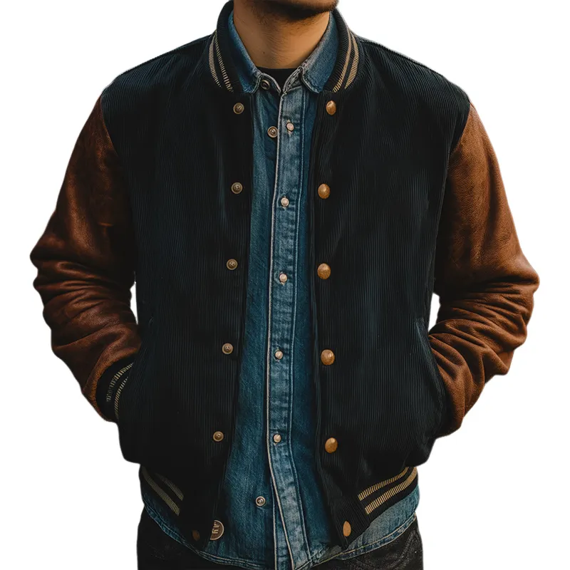 Men's Retro Casual Corduroy Leather Button Baseball Jacket MTA1176H0TO sold by Manly