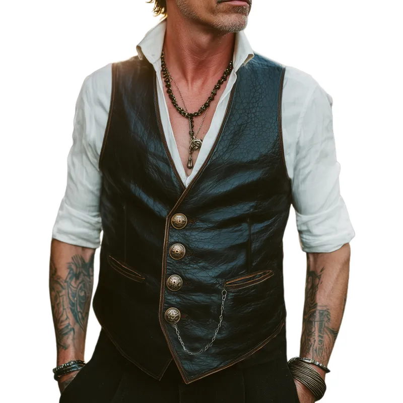 Men's Vintage Textured PU Leather Single Breasted Vest MTA1330H2U sold by Manly
