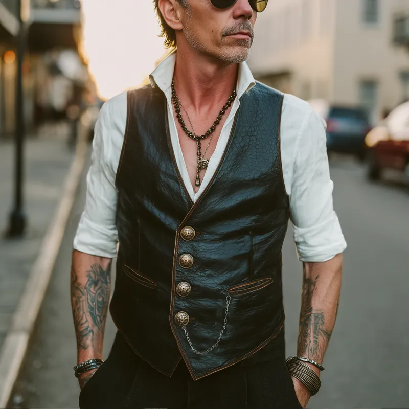 Men's Vintage Textured PU Leather Single Breasted Vest MTA1330H2U sold by Manly product image thumbnail 3