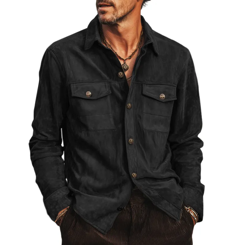 Men's Spring And Autumn Retro Black Suede Long Sleeve Shirt MTA1339H3U sold by Manly