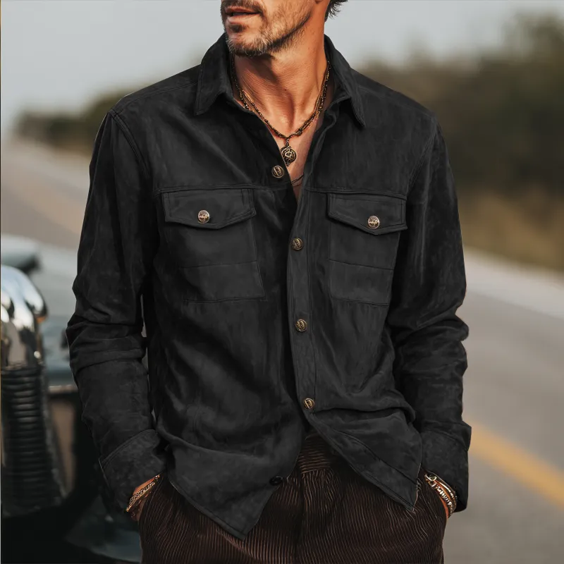 Men's Spring And Autumn Retro Black Suede Long Sleeve Shirt MTA1339H3U sold by Manly product image thumbnail 2