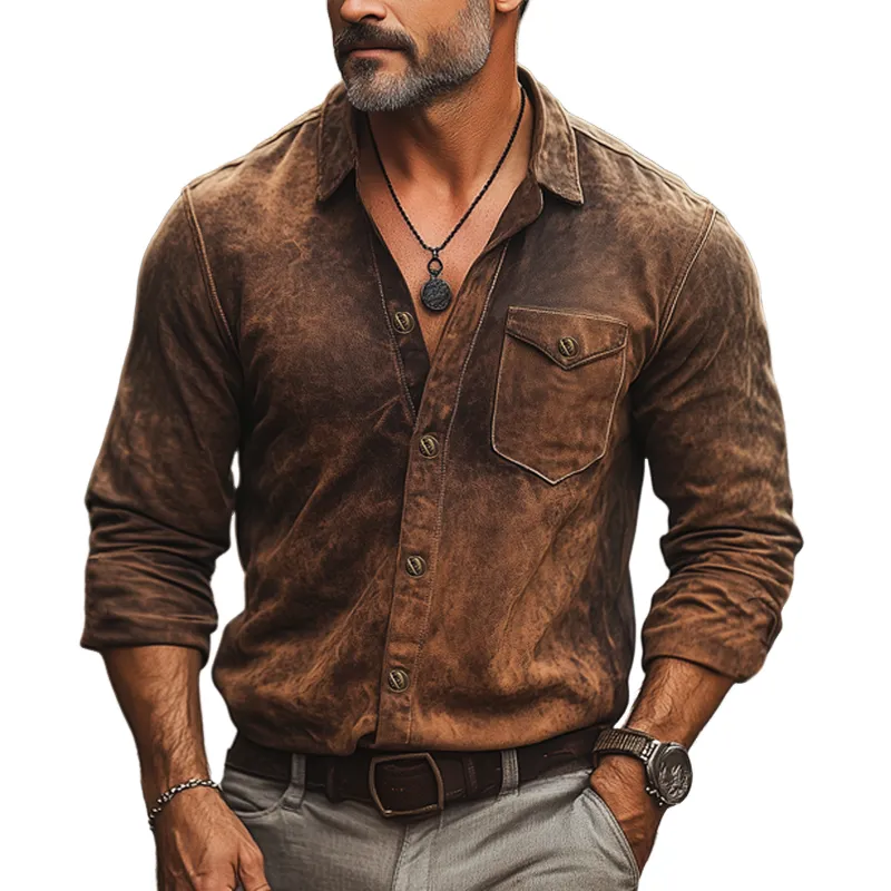 Men's Spring And Autumn Retro Distressed PU Leather Long Sleeve Shirt MTA1303H0U sold by Manly