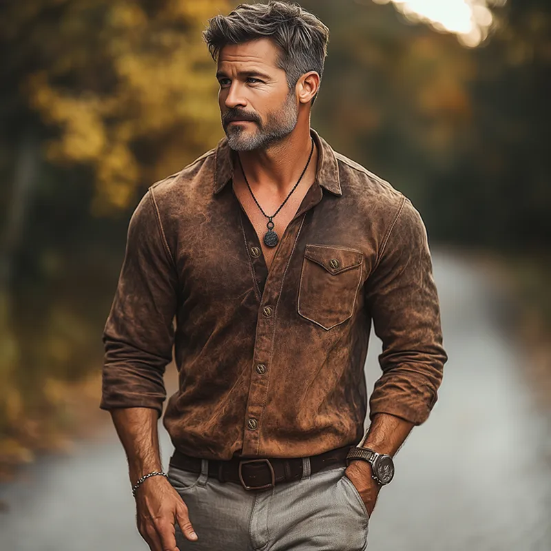 Men's Spring And Autumn Retro Distressed PU Leather Long Sleeve Shirt MTA1303H0U sold by Manly product image thumbnail 2