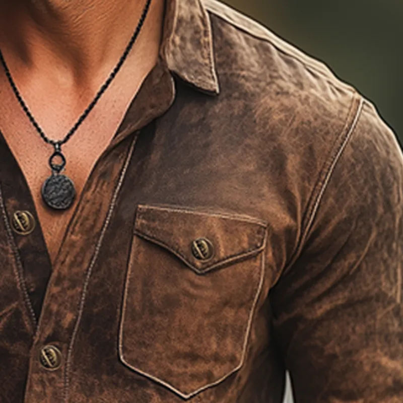 Men's Spring And Autumn Retro Distressed PU Leather Long Sleeve Shirt MTA1303H0U sold by Manly product image thumbnail 4