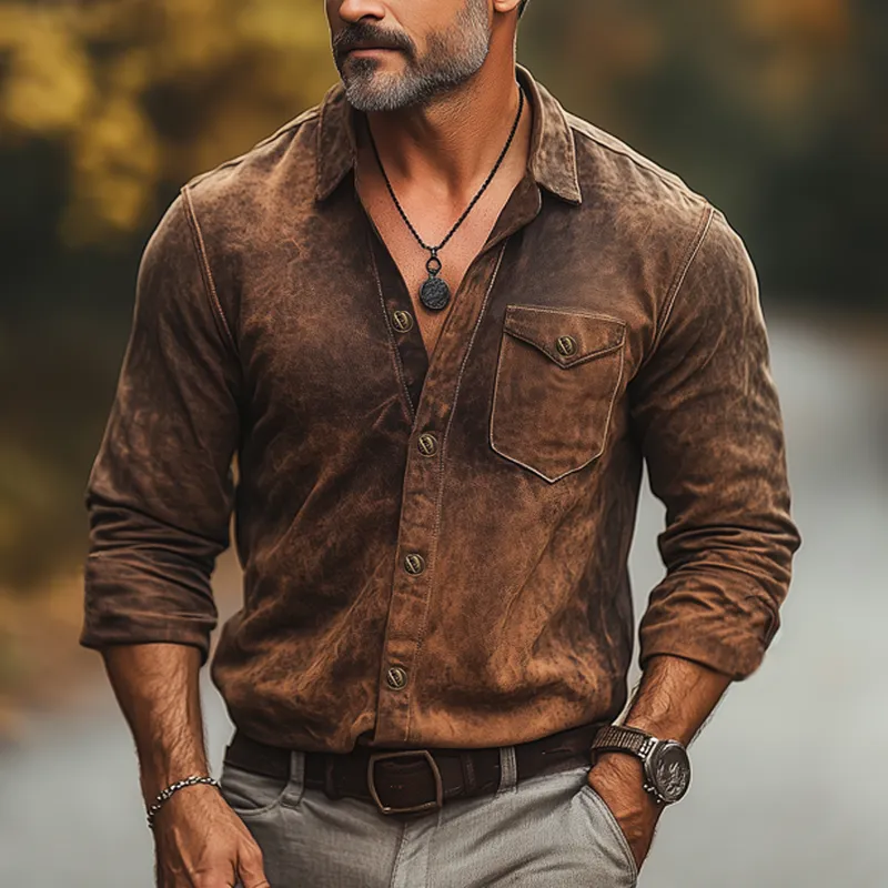 Men's Spring And Autumn Retro Distressed PU Leather Long Sleeve Shirt MTA1303H0U sold by Manly product image thumbnail 3